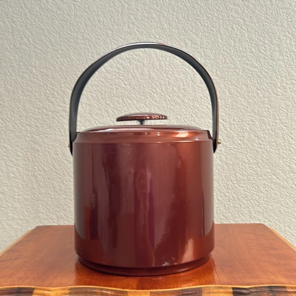 Vintage Signed George’s Briard Ice Bucket Mid Century Faux Leather Swing Handle